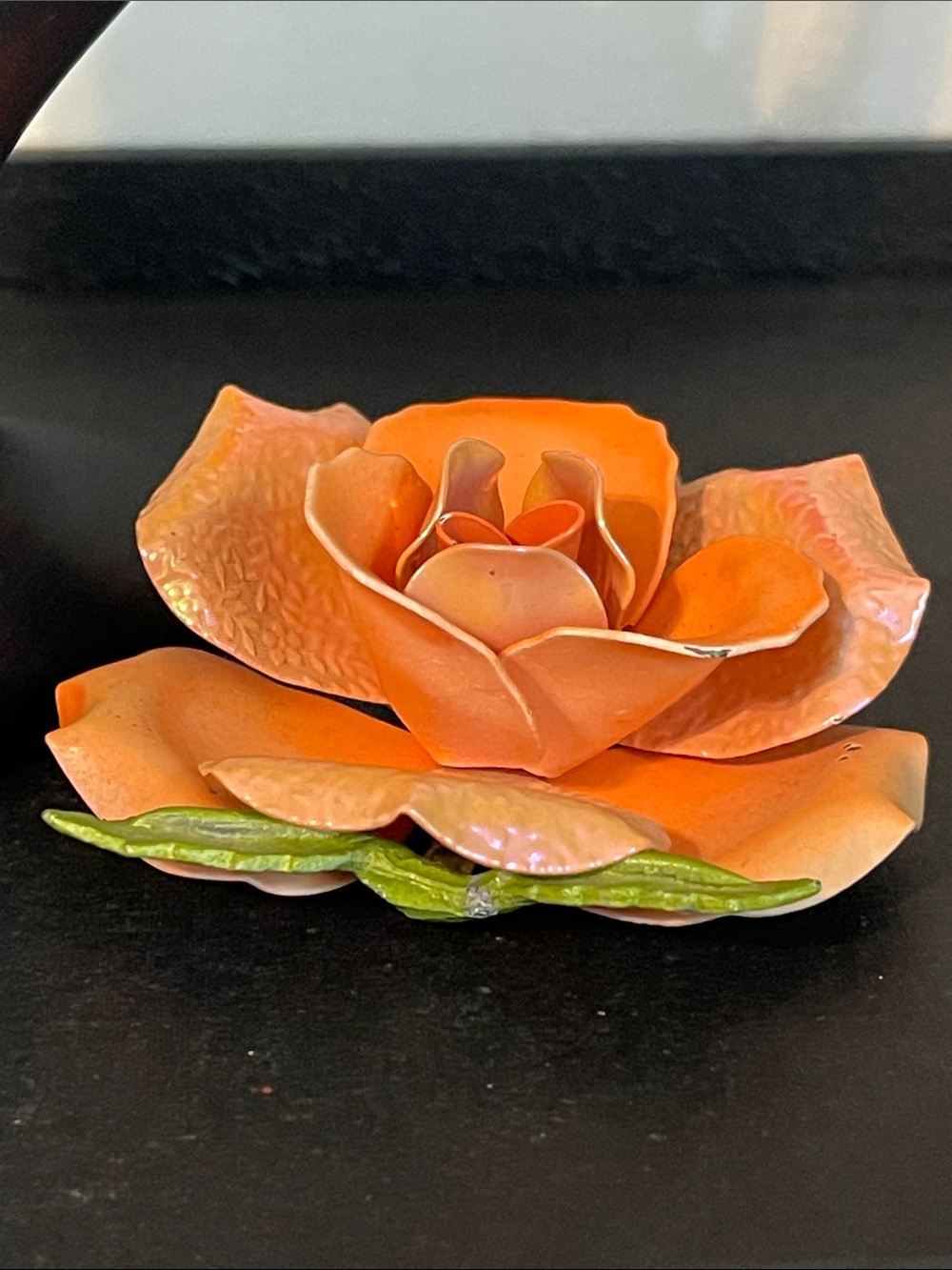 Vintage Multi-Layered Metal Peach Enamel Embossed Iridescent Flower Brooch - Picture 7 of 10